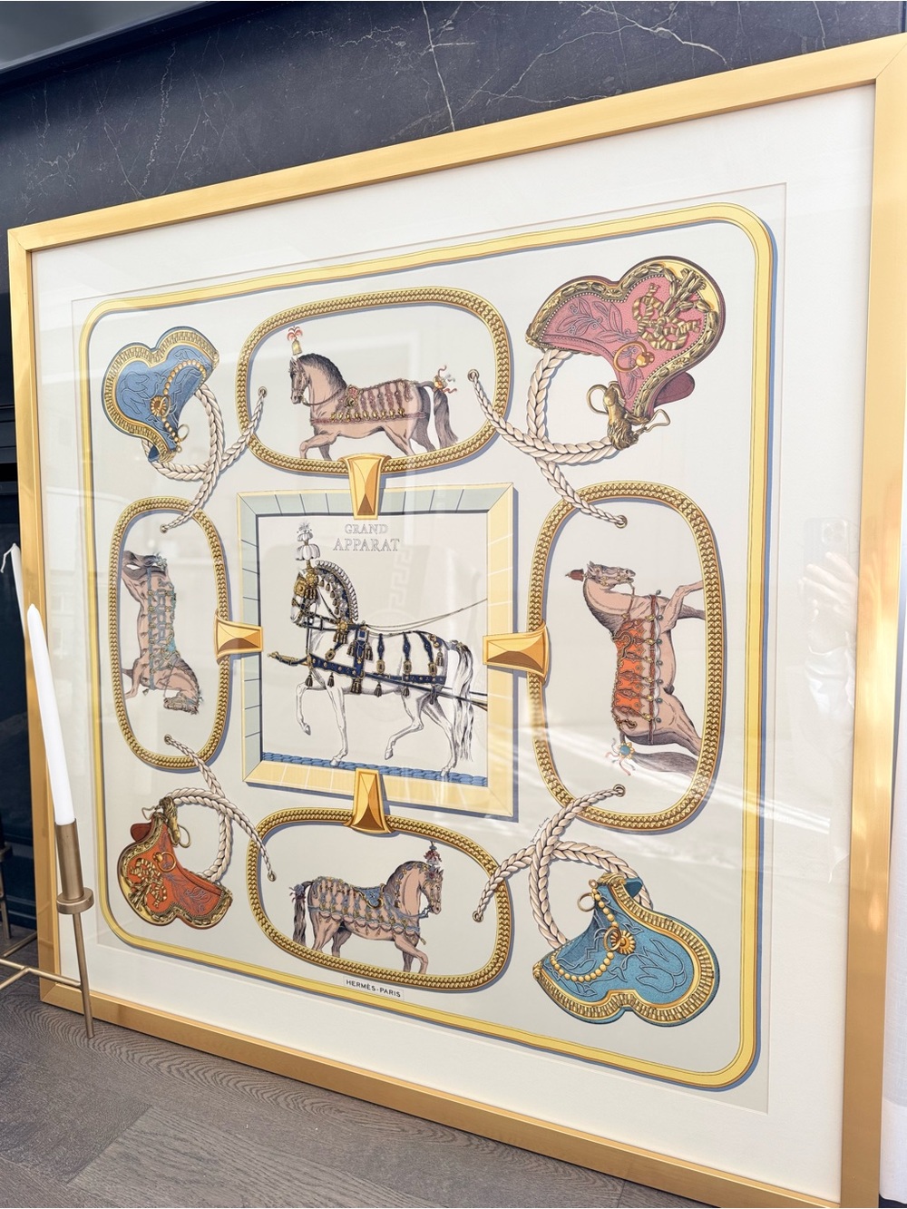 Hermes Gold Framed Equestrian Silk-Style Wall Art with Blue and Orange Accents